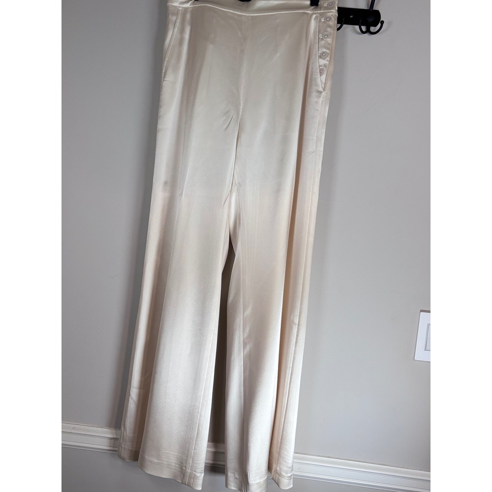 Polo Ralph Lauren Cream Satin Wide Leg Side Button Trousers Pants Ivory Size 8